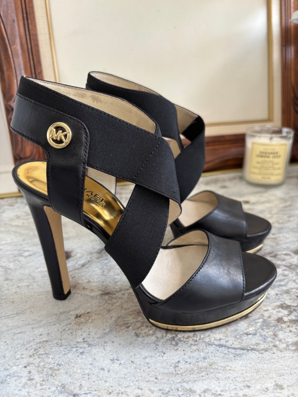 Michael Kors Black Elastic Cross Strap Platform High Heels Sandals 7.5